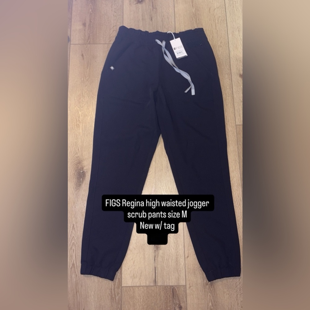 FIGS Regina High Waist Black Jogger Scrub Pants with Gray Drawstring